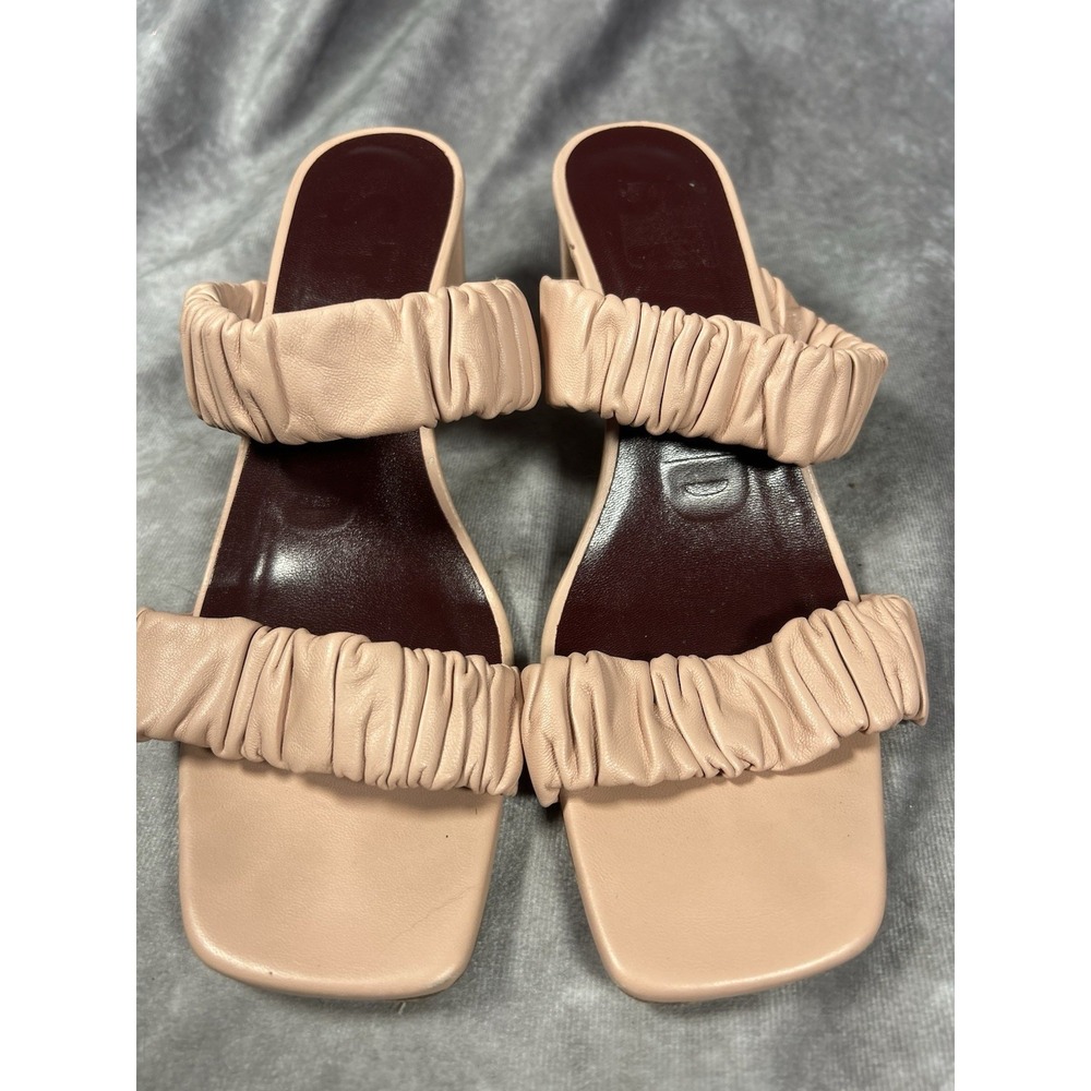 STAUD Ruched Leather Slide Sandals Pink Block Heel EU 36 US 6 Made Portugal - Picture 1 of 4